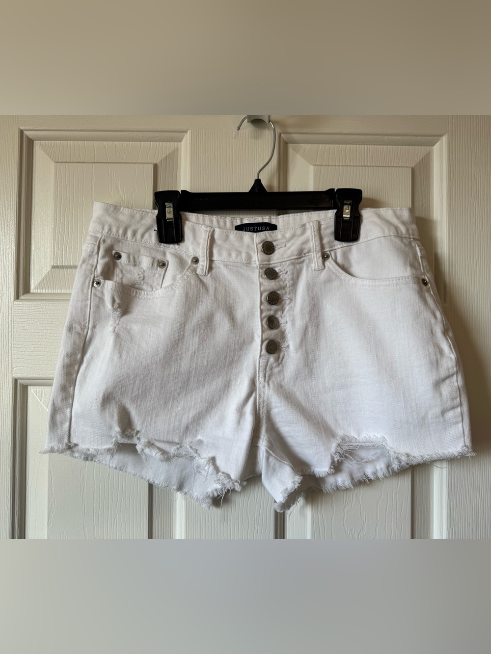 3/$15. Just USA White Button-Front Distressed Denim Shorts